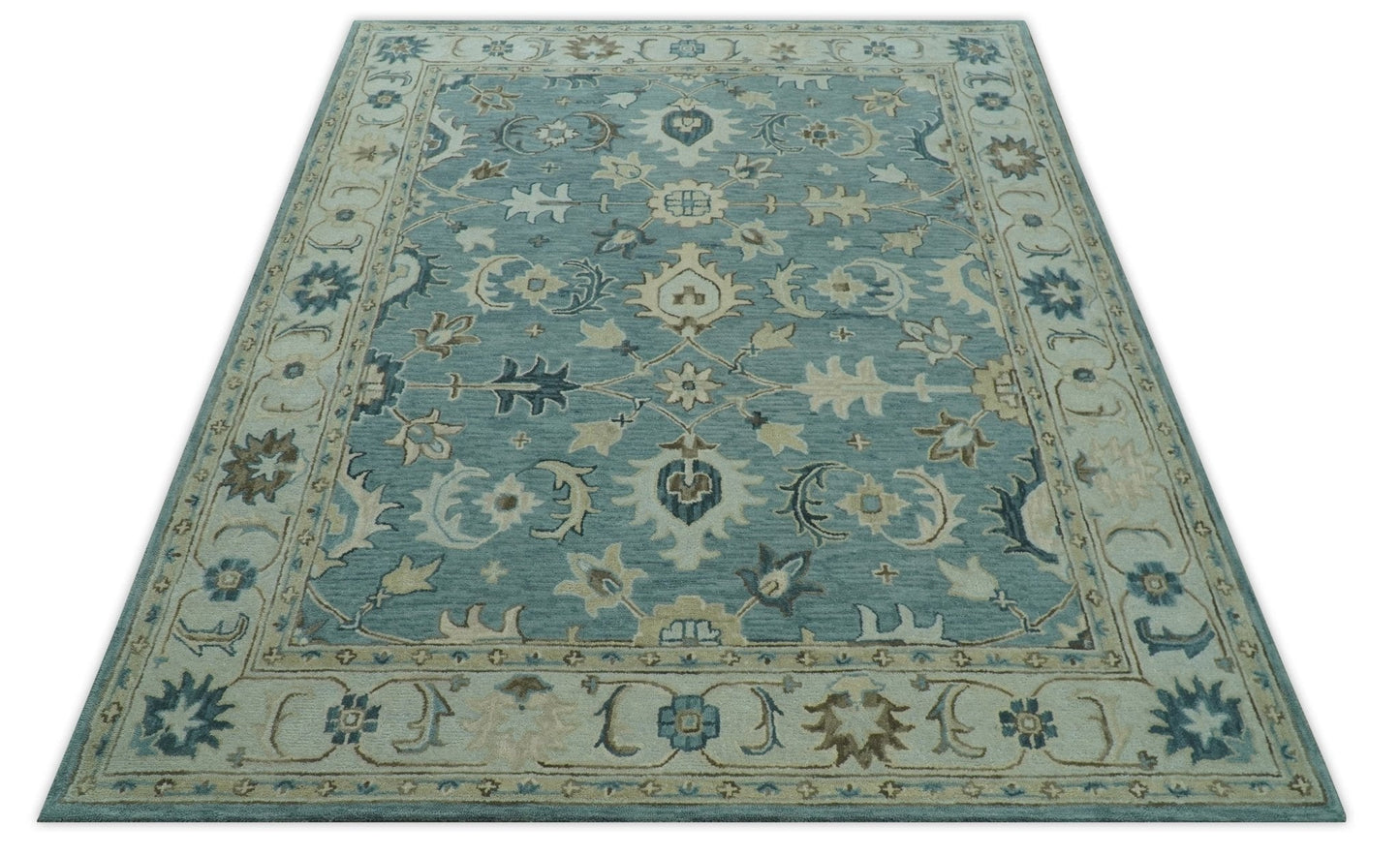 8x10 Blue, Ivory and Beige Hand Tufted Oriental Oushak wool area rug