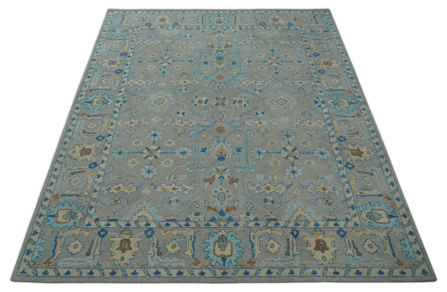 8x10 Hand Tufted Gray, Beige and Accent Blue Traditional Herati Design Wool Rug
