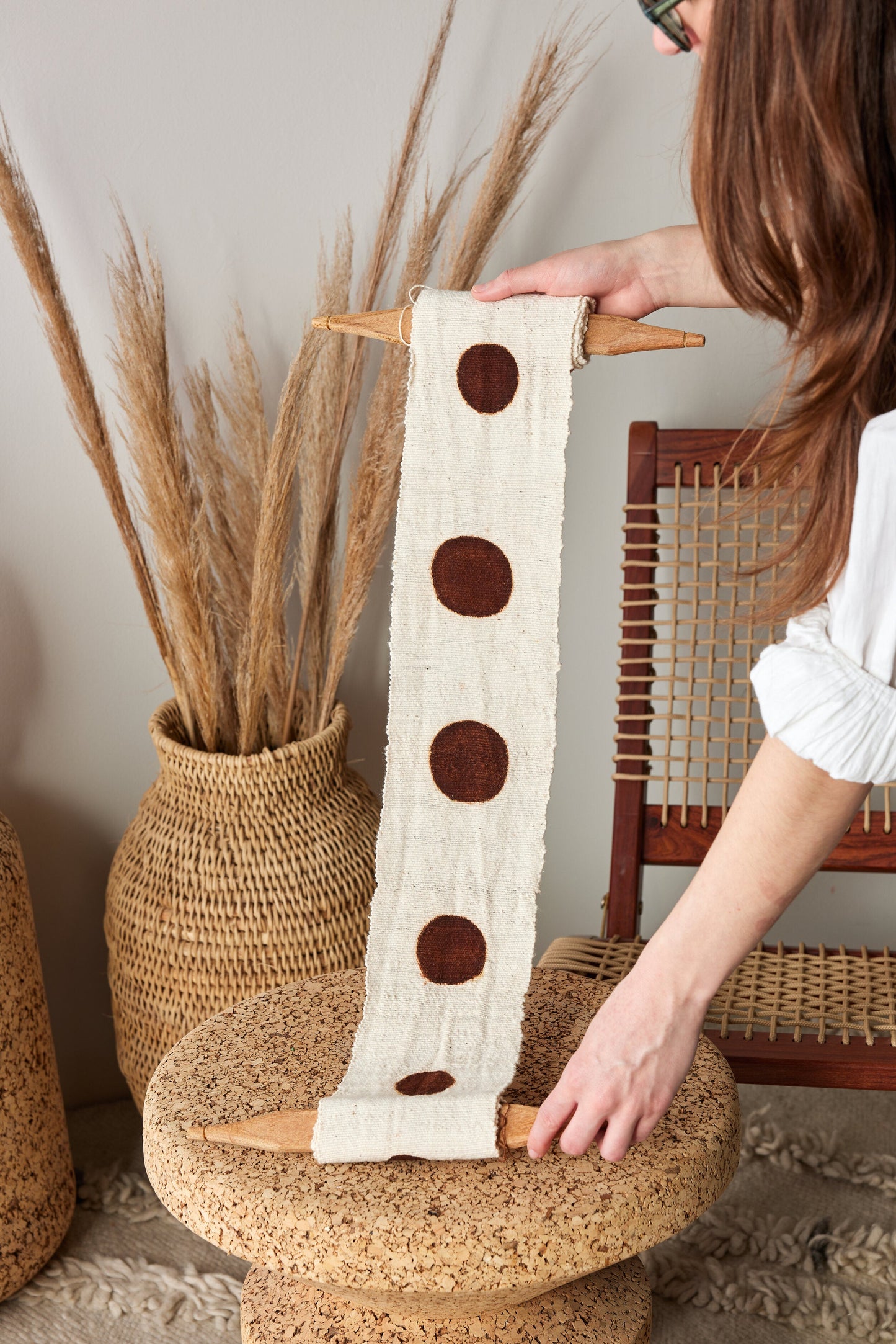 Flourish Bogolan Wall Totem in White with Brown Circles