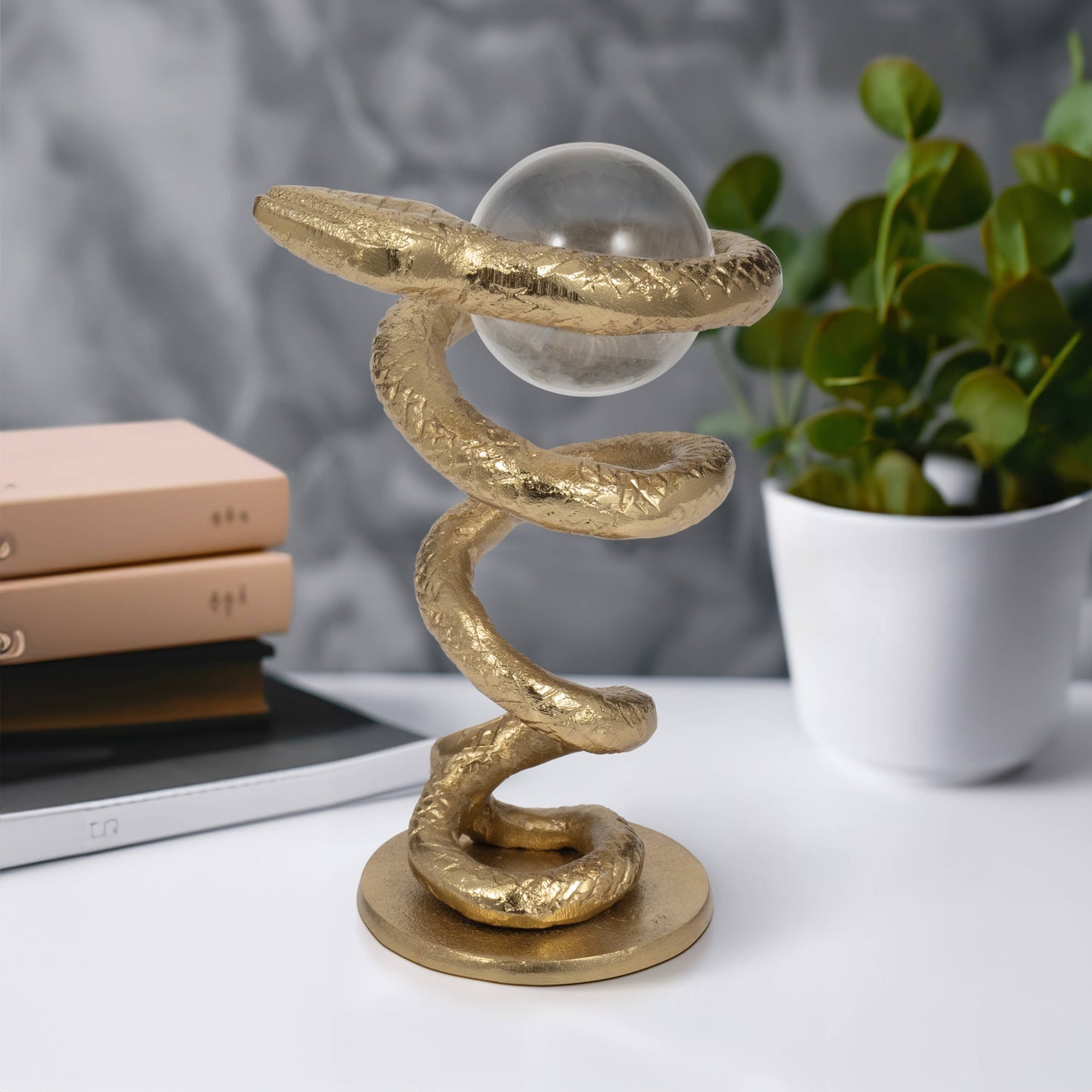 Metal Snake Coil with Acrylic Ball Figurine - Gold, 7 in.