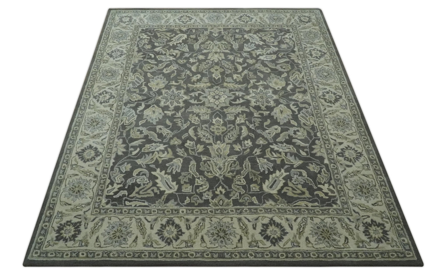 Antique Design 8x10 Charcoal and Beige Traditional Floral Hand Tufted rug