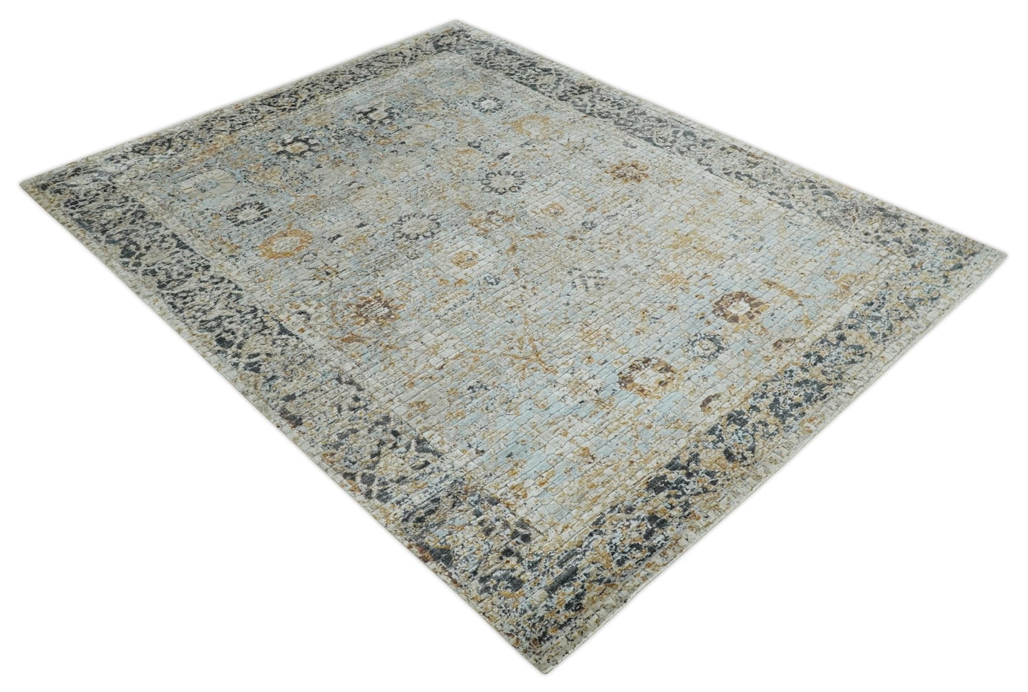 Antique look Aqua, Gold and Charcoal Hand Knotted Carved Texture Traditional Oriental Oushak 8x10 wool Area Rug