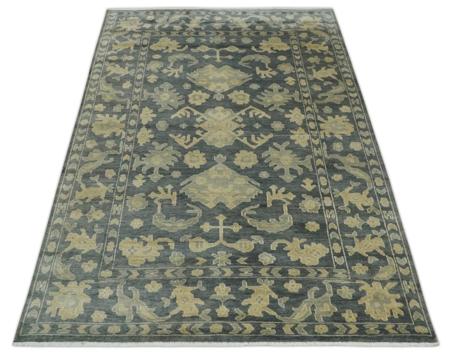 Antique Style 6x9 Hand Knotted Beige and Charcoal Traditional Wool Rug | N35669