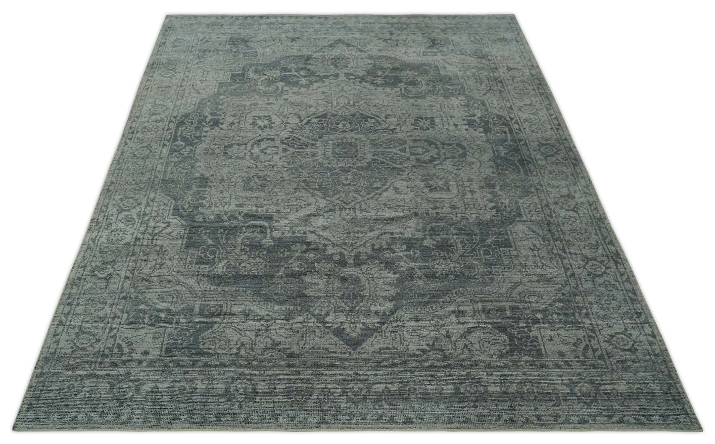 Antique Style Charcoal and Silver Traditional Heriz Medallion 8x10 wool Area Rug