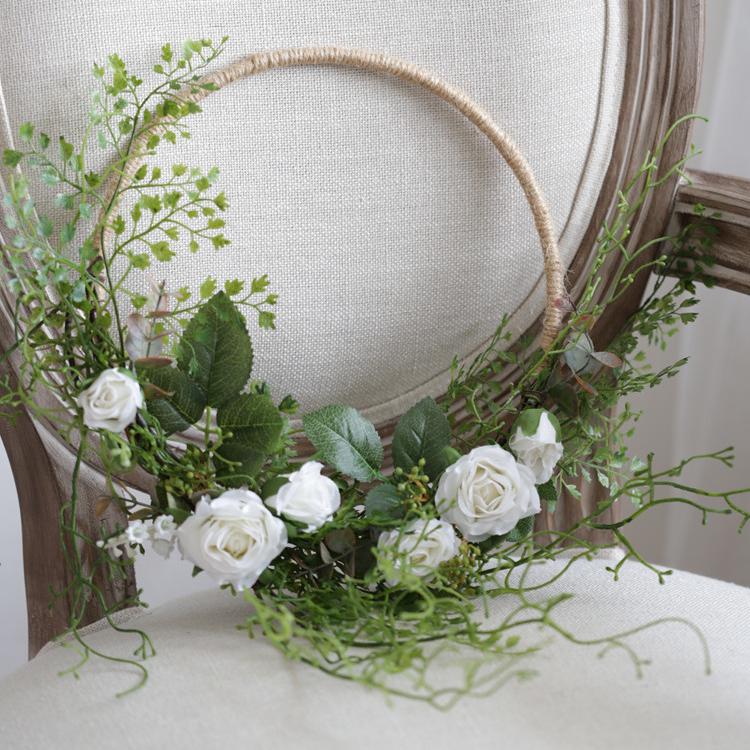 Floral Hoop Artificial White Rose with Greenery Ferns 9" D