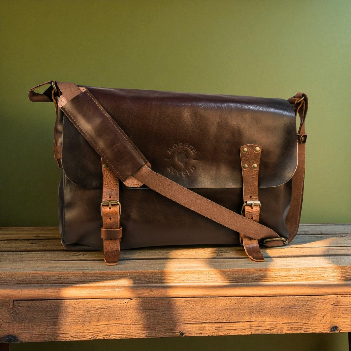 Bovine Leather Buckled Messenger Bag - Brown