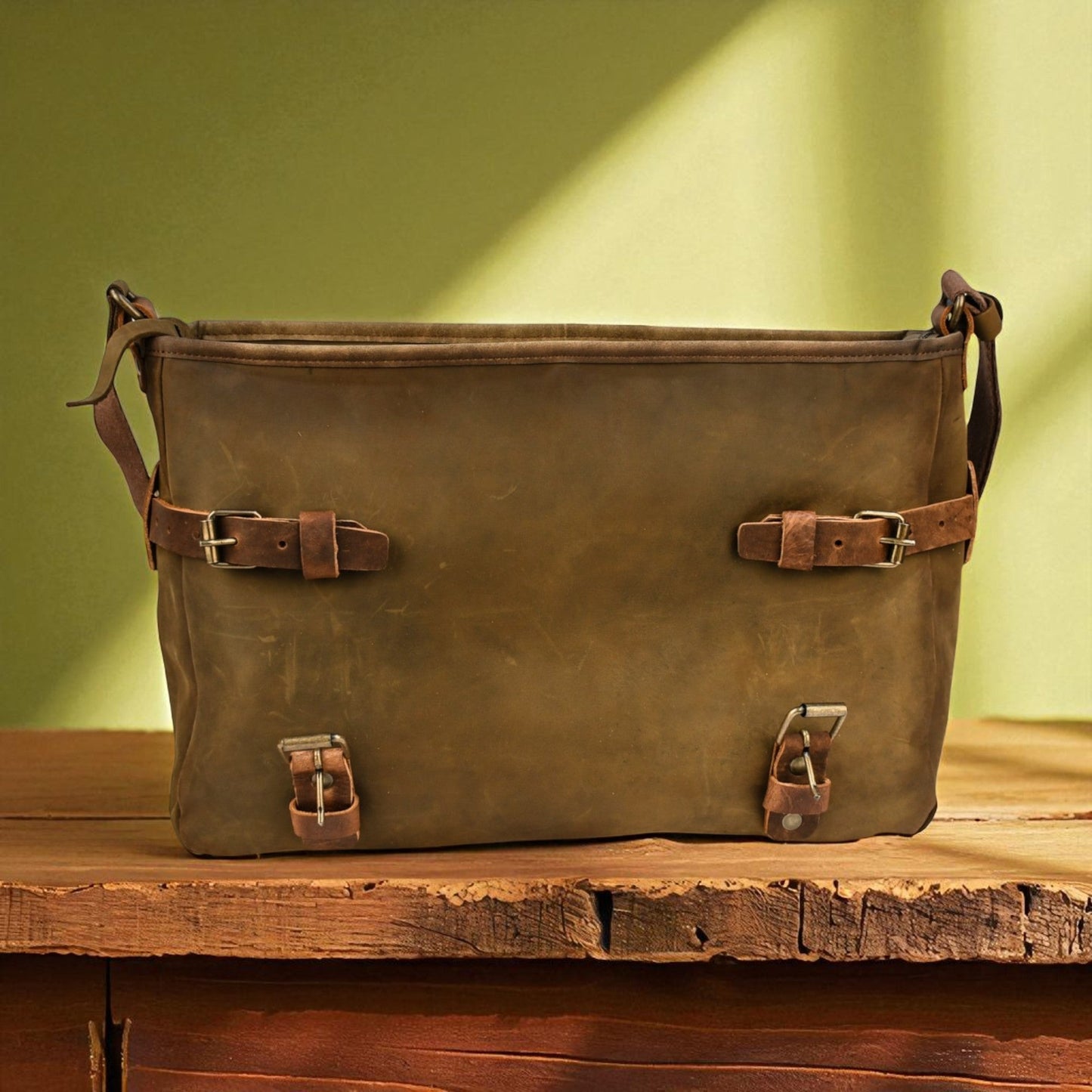 Bovine Leather Buckled Messenger Bag - Olive