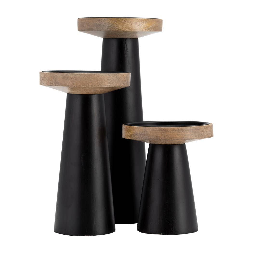 Wood Flat Pillar Candle Holder Stand - Black/Natural, 12 in.
