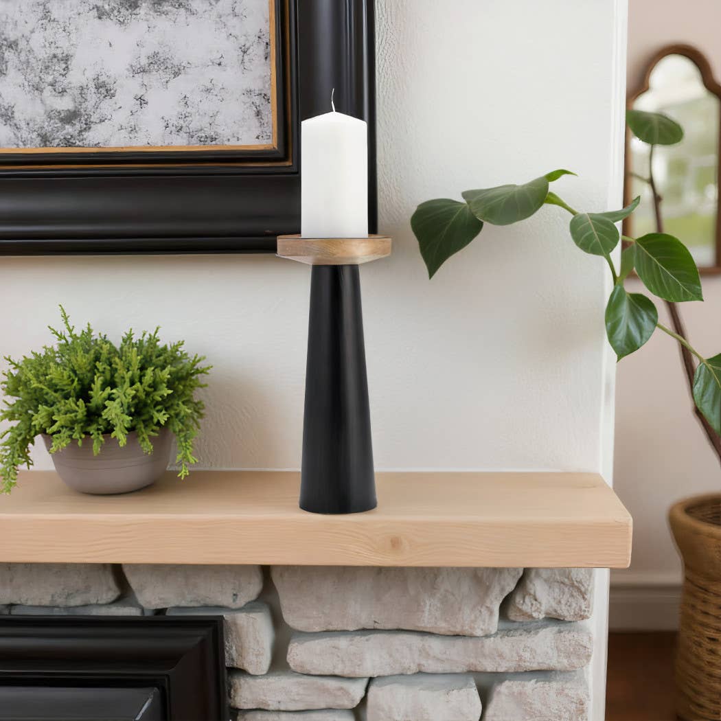 Wood Flat Pillar Candle Holder Stand - Black/Natural, 12 in.