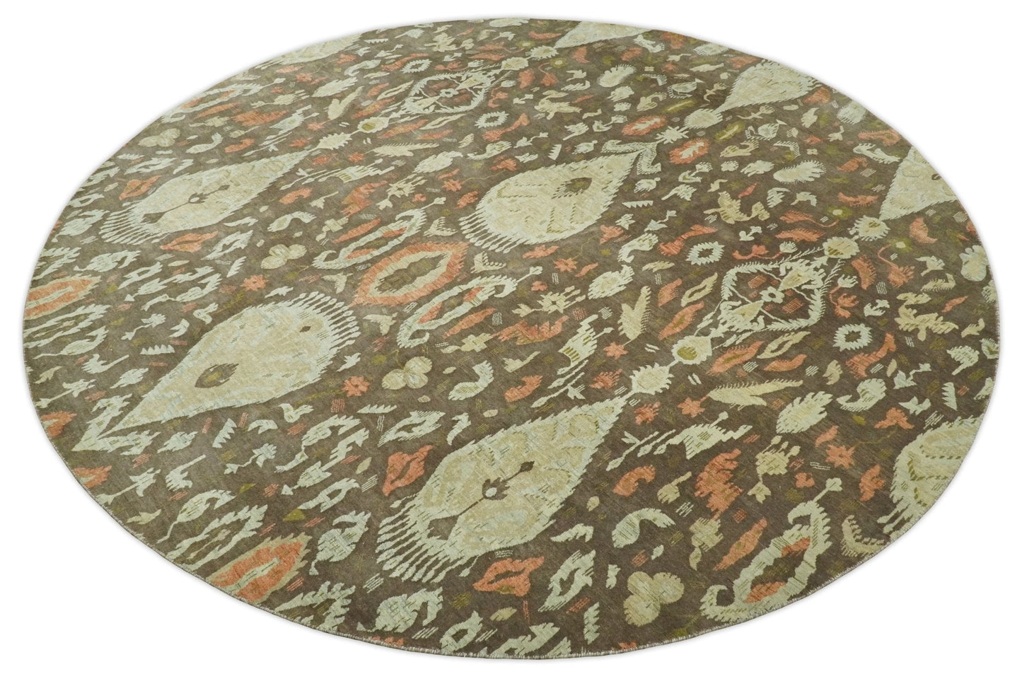 10x10 Round Fine Hand Knotted Green, Rust and Olive Traditional Vintage Persian Style Antique Wool Rug | AGR47