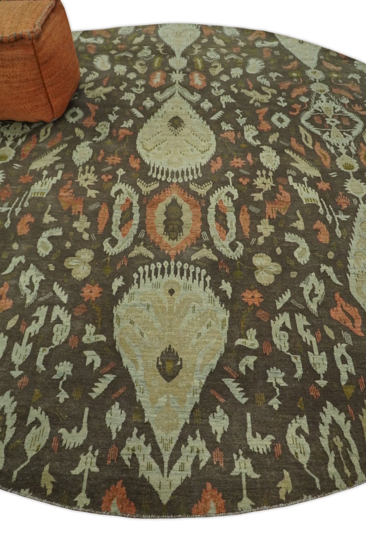 10x10 Round Fine Hand Knotted Green, Rust and Olive Traditional Vintage Persian Style Antique Wool Rug | AGR47