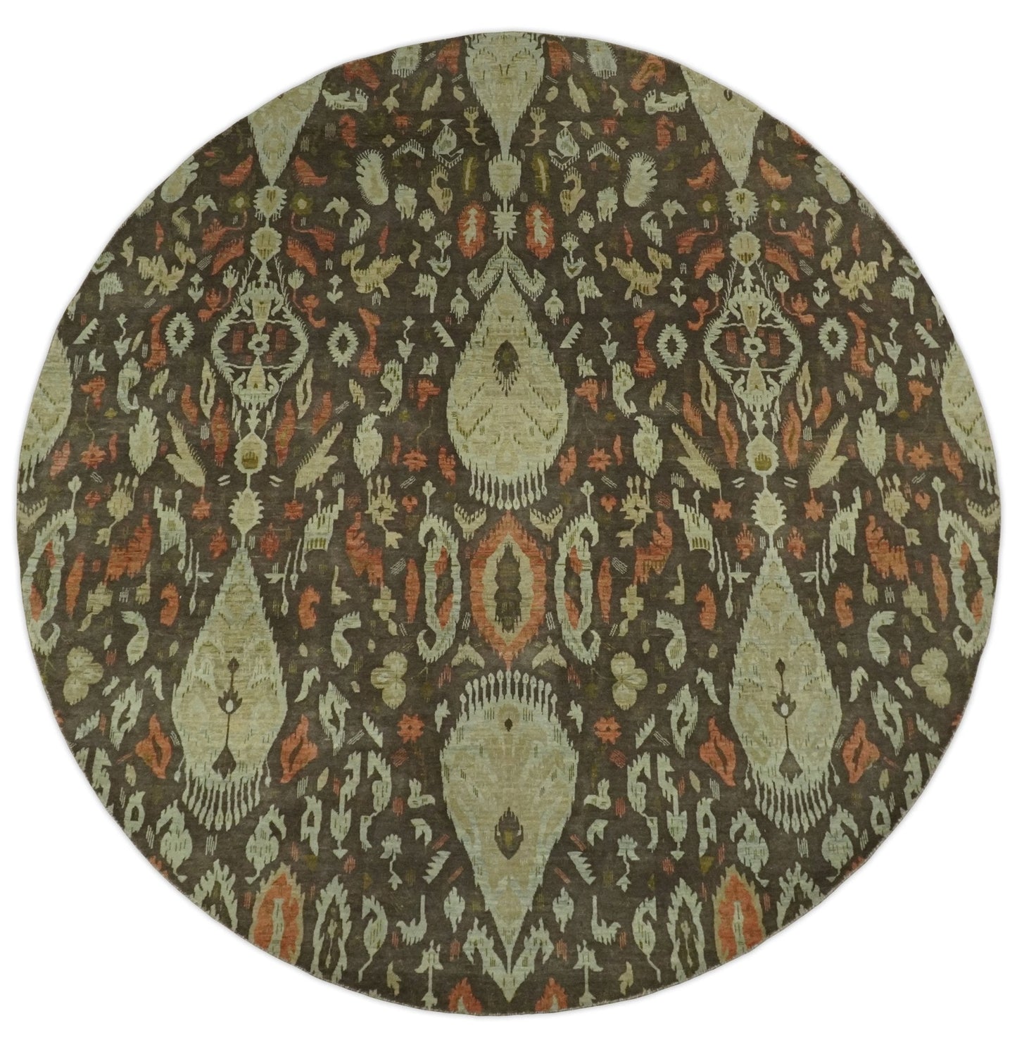 10x10 Round Fine Hand Knotted Green, Rust and Olive Traditional Vintage Persian Style Antique Wool Rug | AGR47