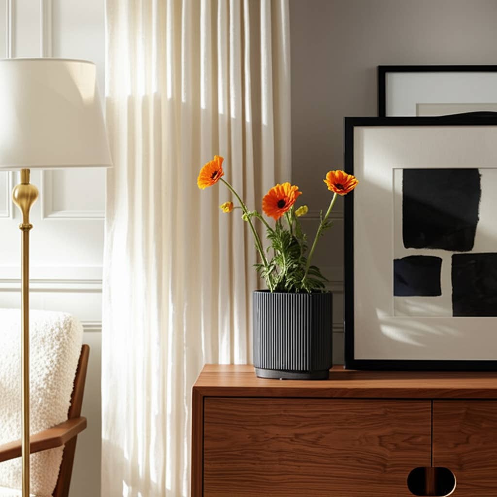 Ceramic Modern Ridged Decorative Vase - Black, 8 in.