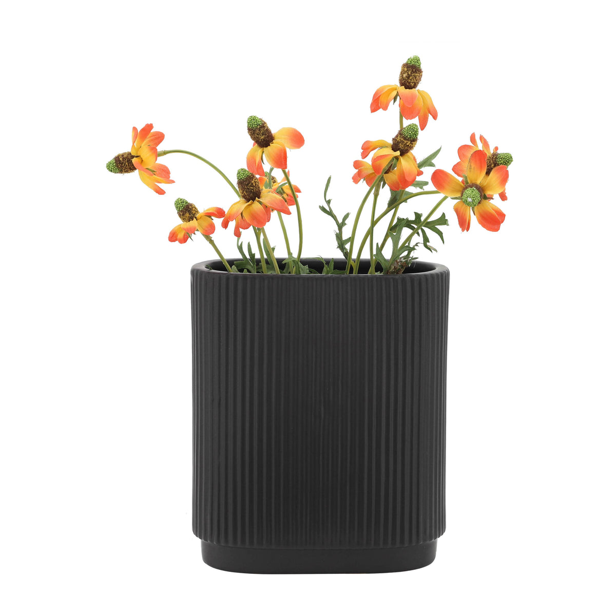 Ceramic Modern Ridged Decorative Vase - Black, 8 in.