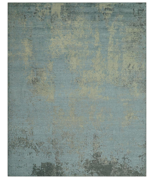 Abstract Design Blue, Beige And Gray 8x10 Hand Knotted Wool and Bamboo Silk Rug