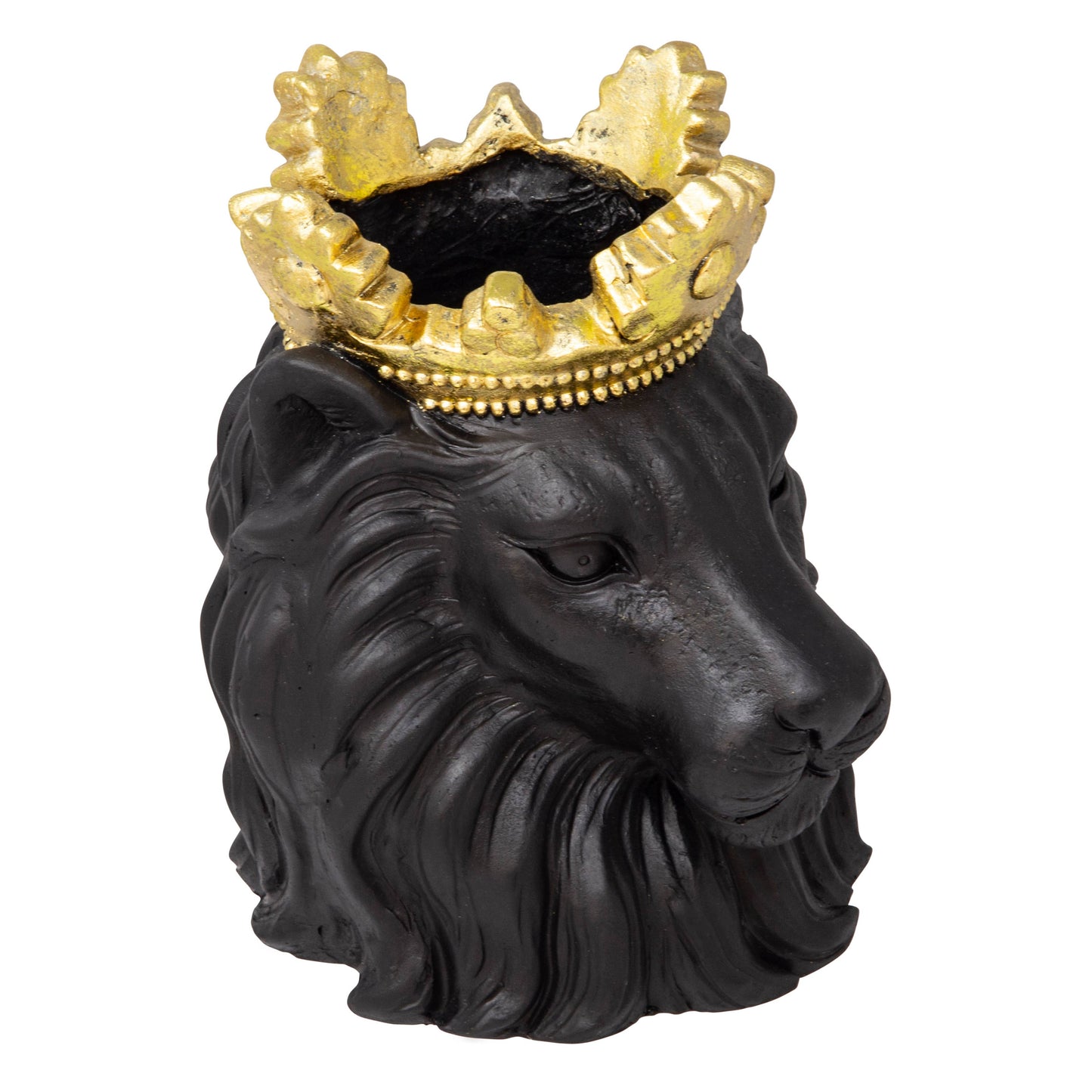 Resin Regal Lion Head Planter with Crown - Black, 9 in.