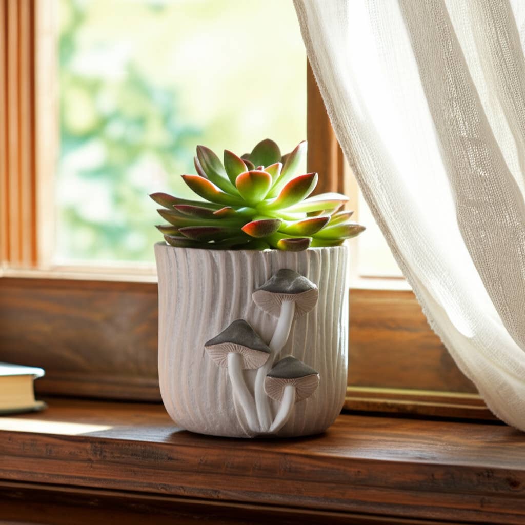 Ceramic Handcrafted Mushroom Applique Planter - Gray, 6 in.