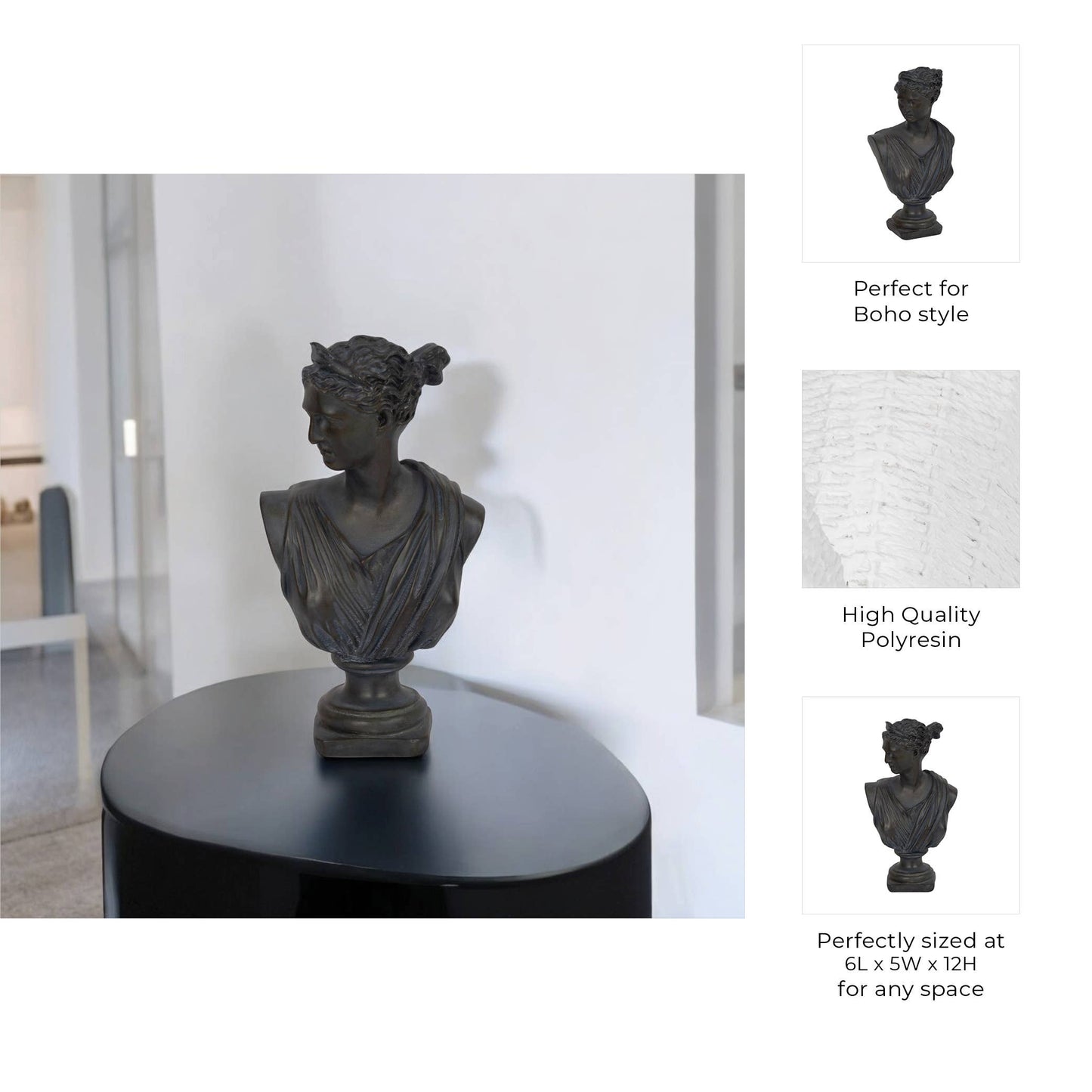 Resin Grecian Bust Distressed Sculpture - Bronze, 12 in.