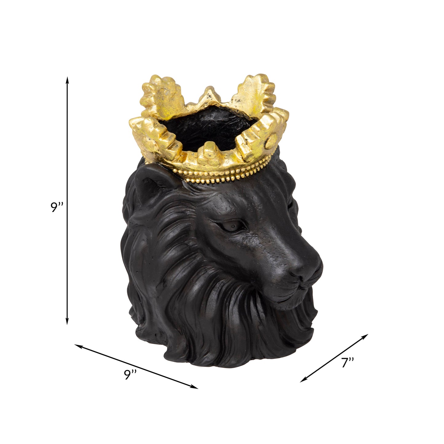 Resin Regal Lion Head Planter with Crown - Black, 9 in.