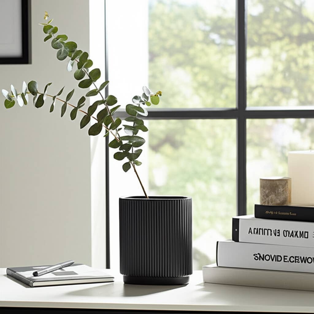 Ceramic Modern Ridged Decorative Vase - Black, 8 in.