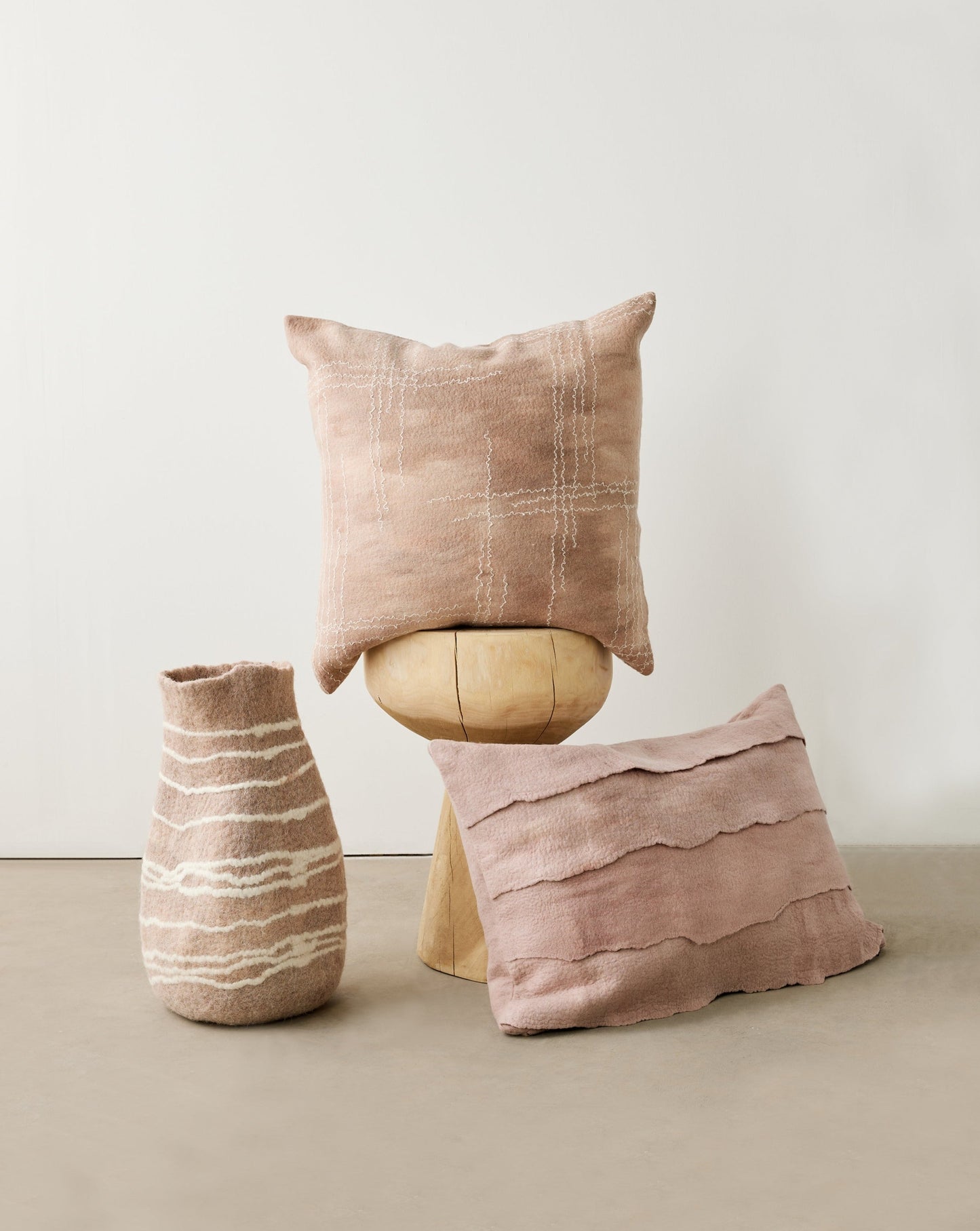 Tribal Lines Dusty Rose Pink Wool Gourd Basket