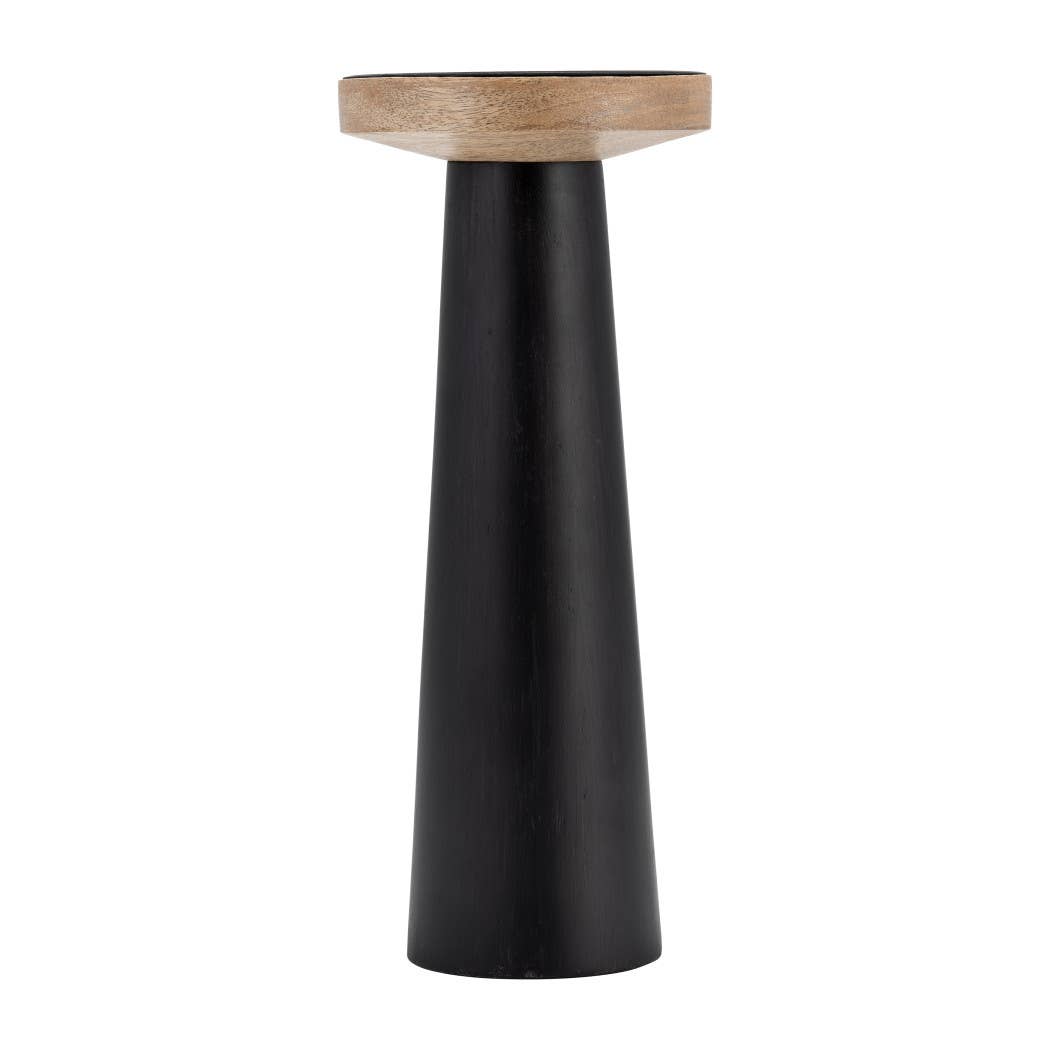 Wood Flat Pillar Candle Holder Stand - Black/Natural, 12 in.