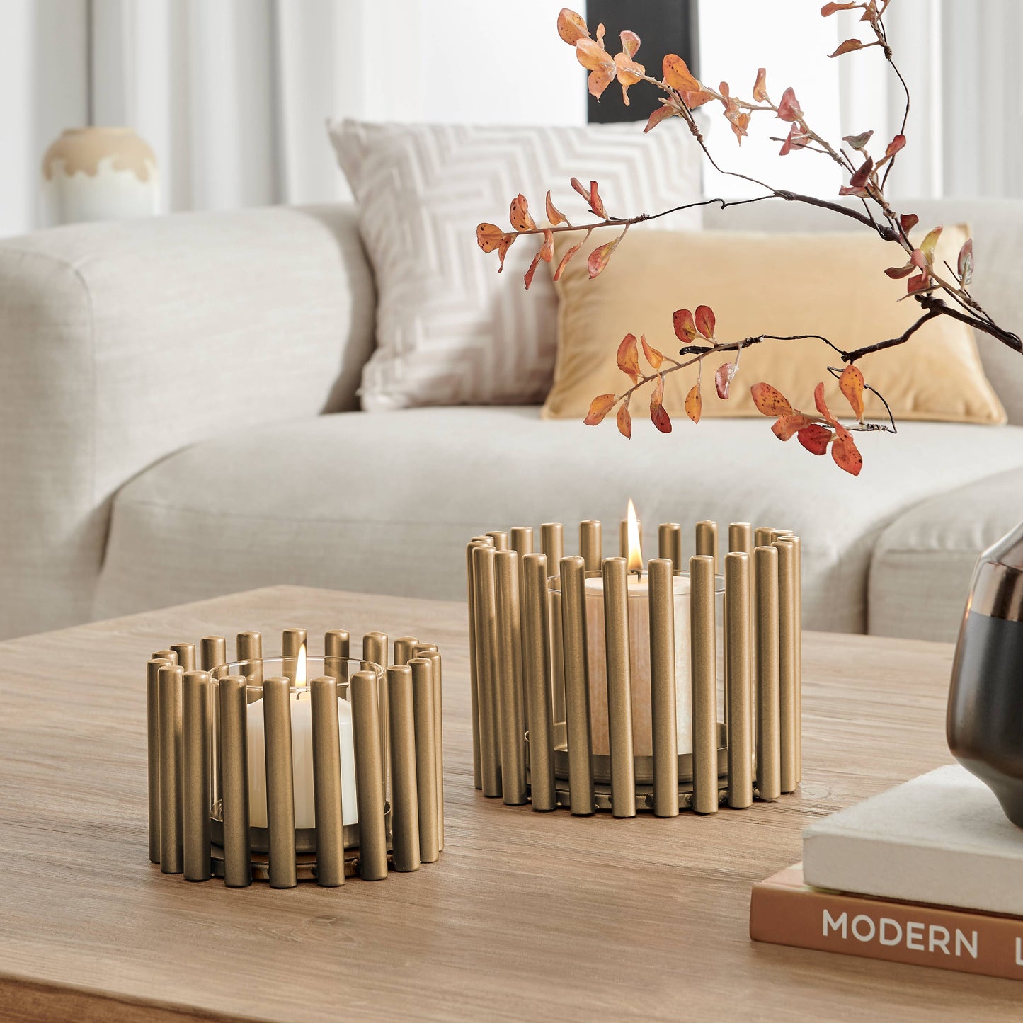 Pela Pillar Ring Warm Gold Modern Candle Holders - Set of 2