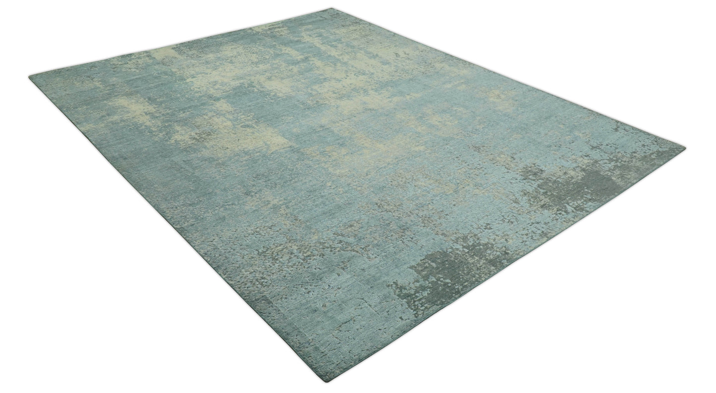 Abstract Design Blue, Beige And Gray 8x10 Hand Knotted Wool and Bamboo Silk Rug