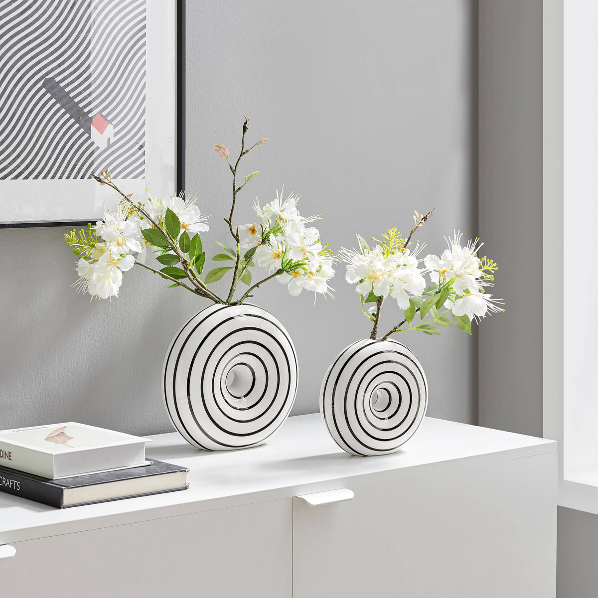Etta Glossy Ceramic Black White Striped Round Donut Vase Set