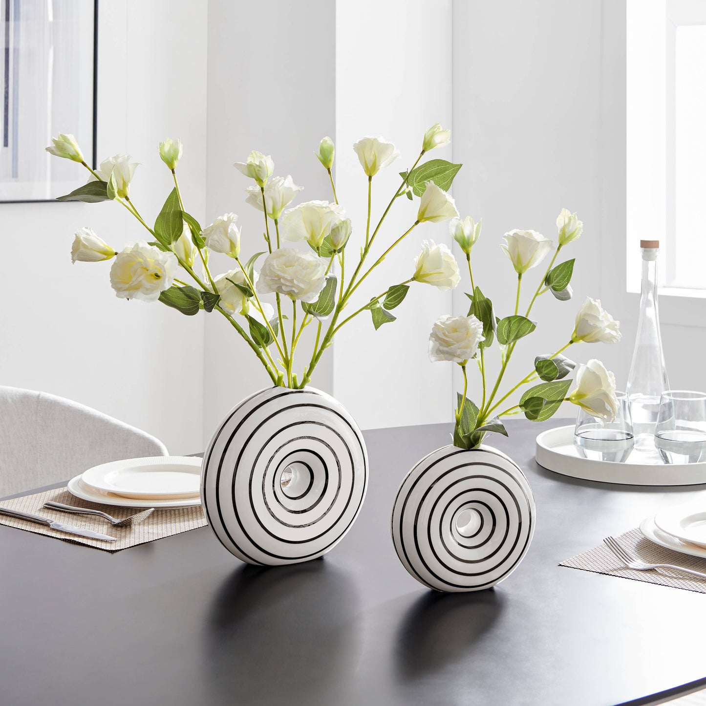 Etta Glossy Ceramic Black White Striped Round Donut Vase Set