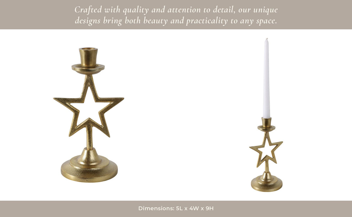 Aluminum Boho Cut-Out Star Taper Holder - Gold, 9 in.