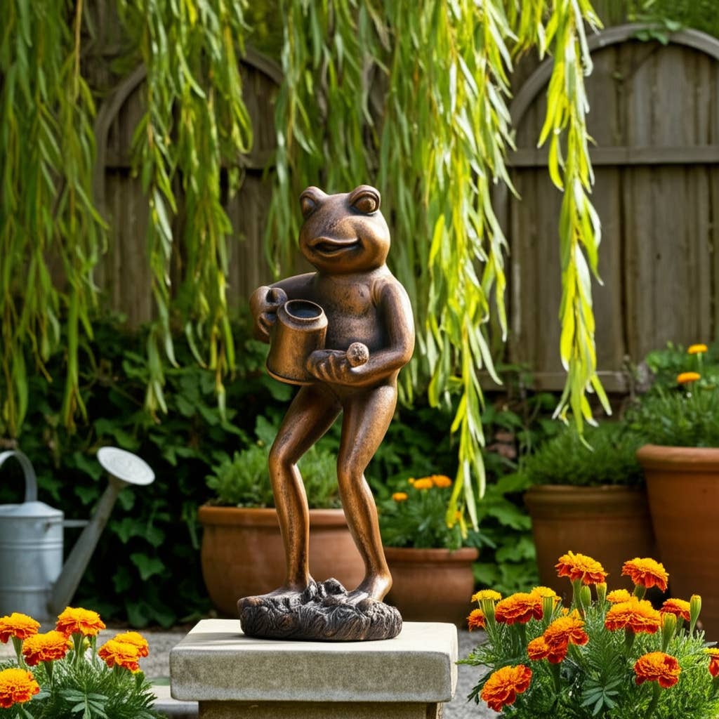 Resin Frog and Watering Can Garden Statue - Bronze, 10 in.