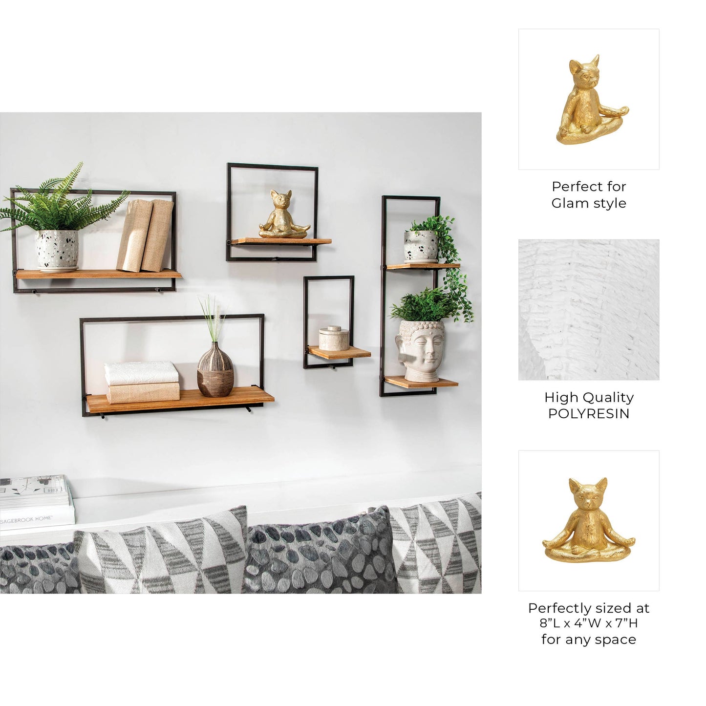 Resin Modern Cat Figurine in Meditative Pose - Gold, 7 in.