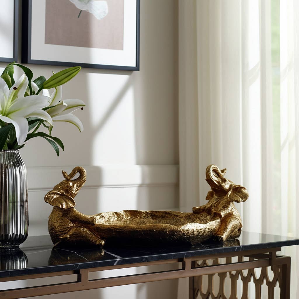 Resin Two Elephant Figurines Holding Bowl - Gold, 14 in.