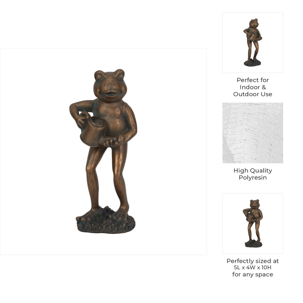 Resin Frog and Watering Can Garden Statue - Bronze, 10 in.