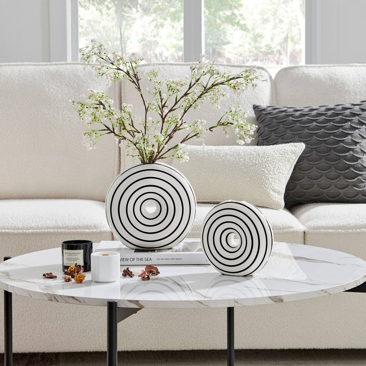 Etta Glossy Ceramic Black White Striped Round Donut Vase Set