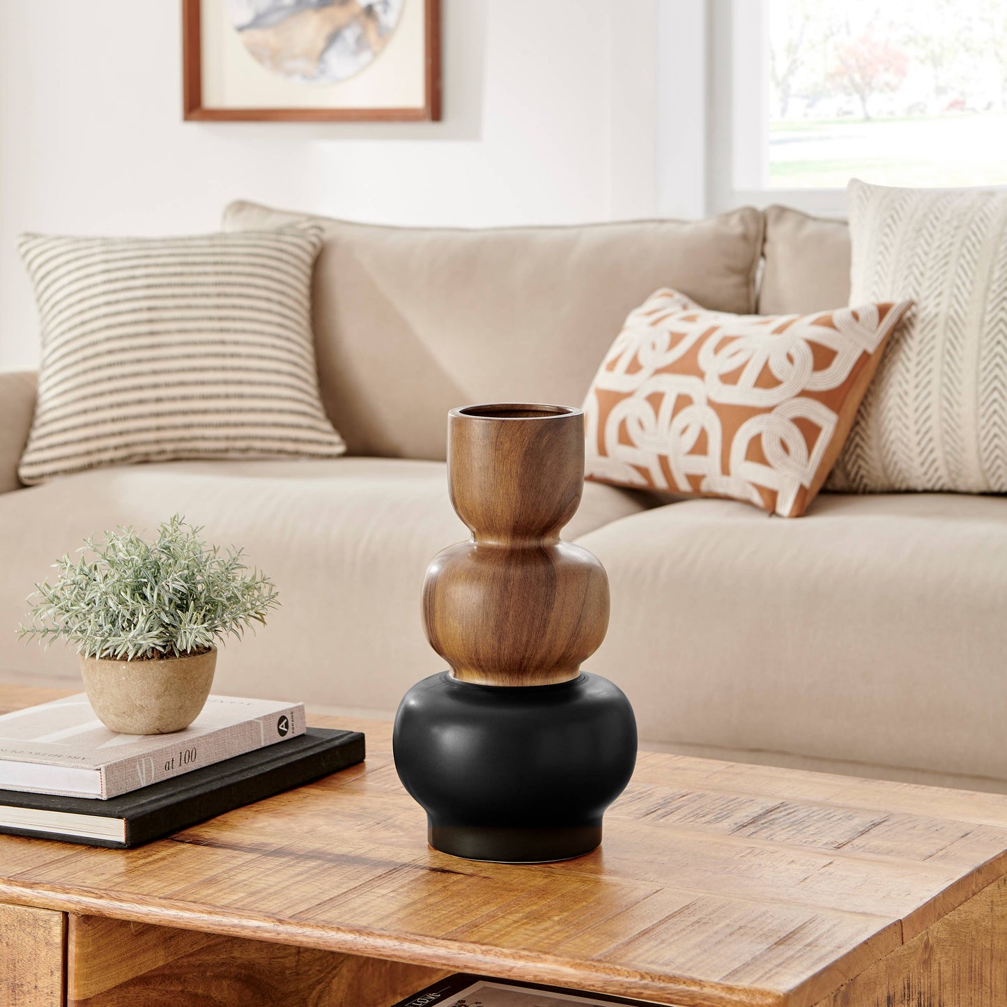 Milo Trinnet 3 Tier Stack Two Tone Vase Black and Walnut