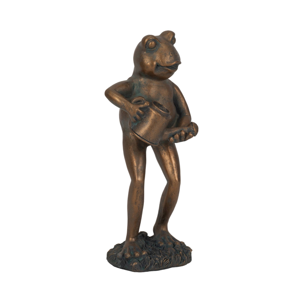 Resin Frog and Watering Can Garden Statue - Bronze, 10 in.