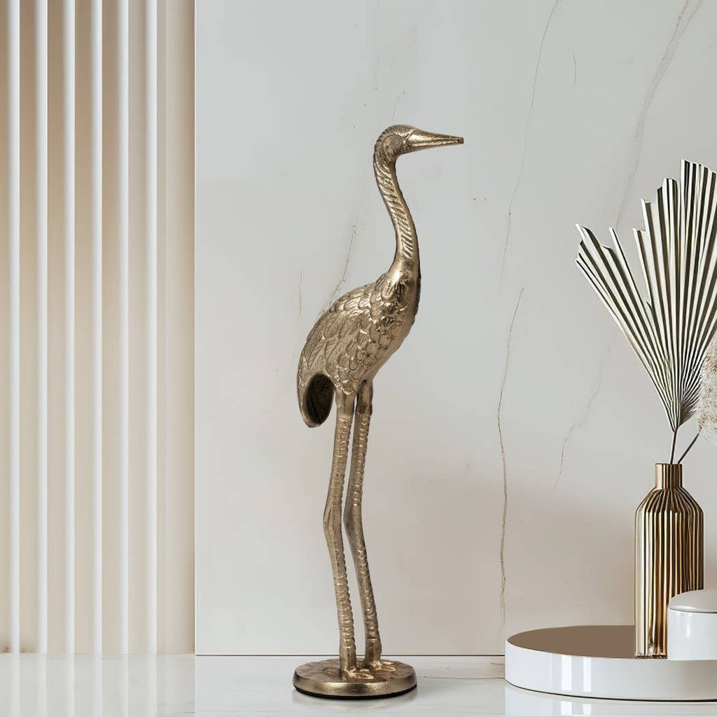 Metal Standing Crane Gleaming Finish Figurine - Gold, 16 in.
