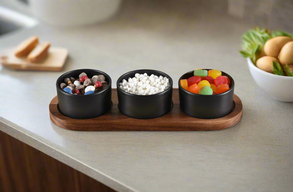 Ceramic Condiment Set on Acacia Wood Base