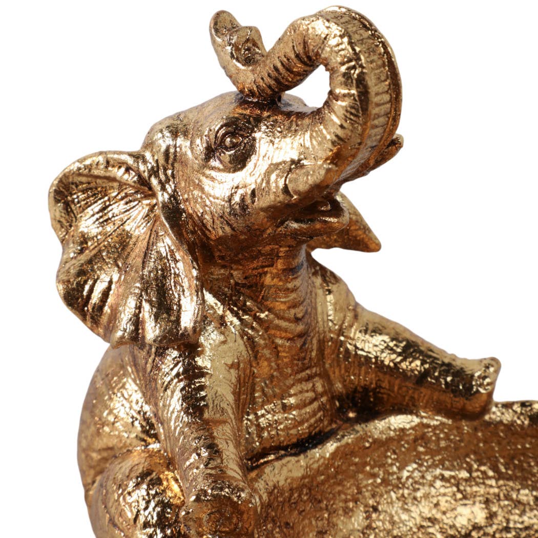 Resin Two Elephant Figurines Holding Bowl - Gold, 14 in.