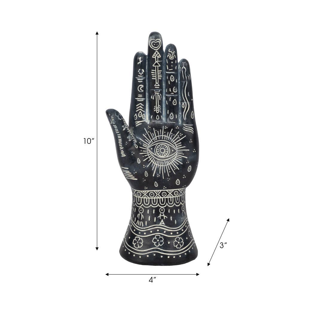 Resin Tattoo Symbolic Hand Sculpture - Black, 10 in.