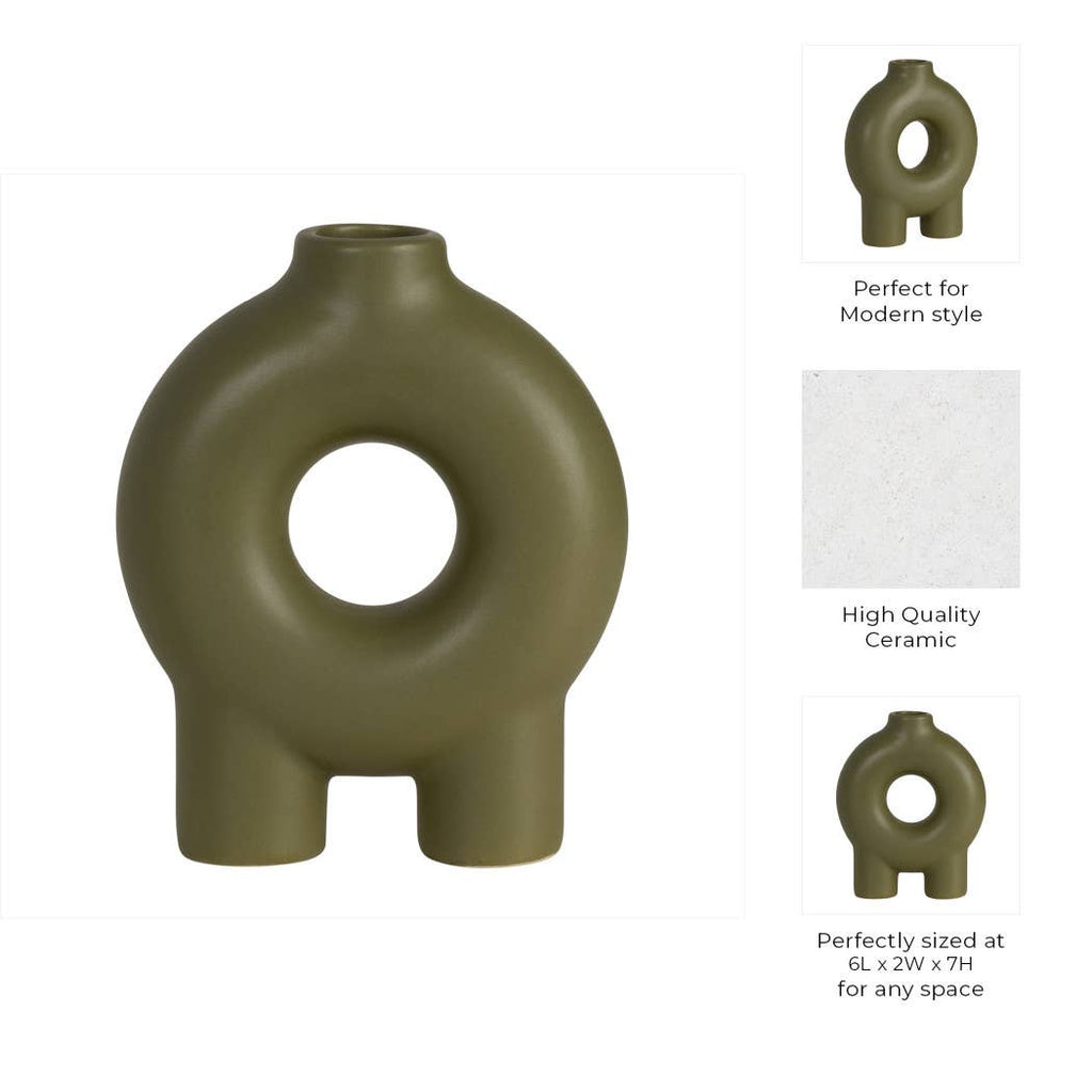 Ceramic Donut Footed Decorative Vase - Green, 7 in.