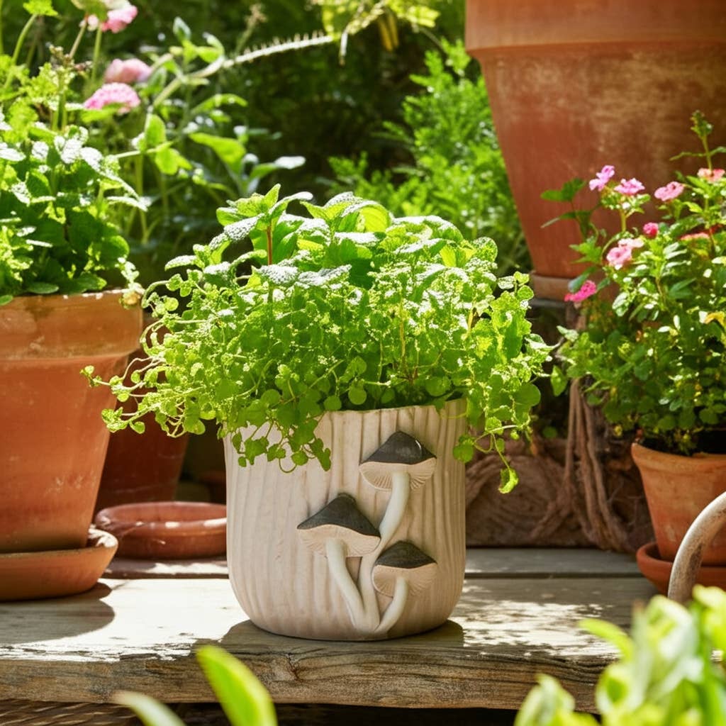 Ceramic Handcrafted Mushroom Applique Planter - Gray, 6 in.