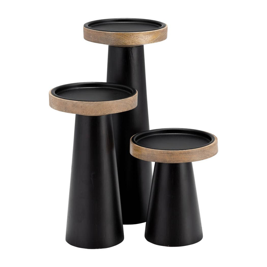 Wood Flat Pillar Candle Holder Stand - Black/Natural, 12 in.