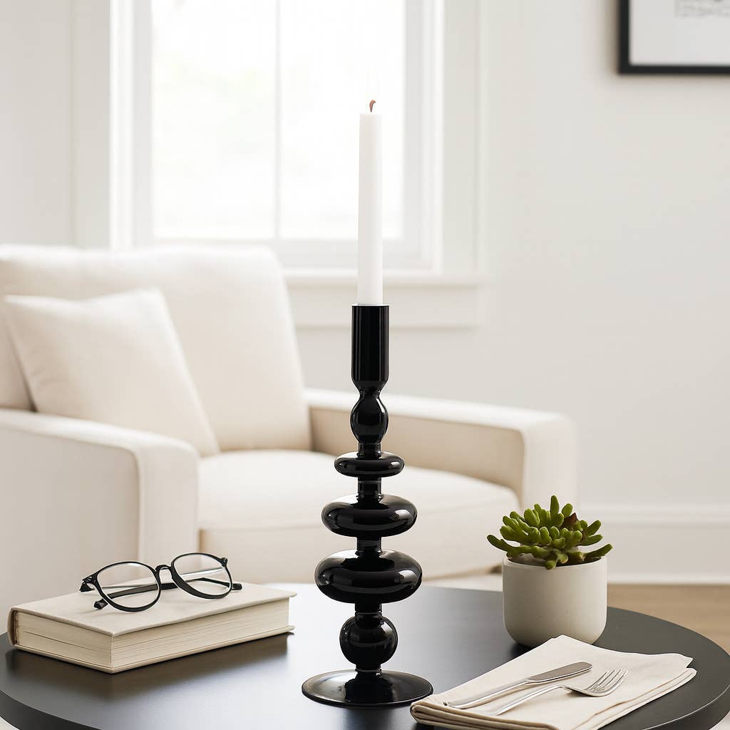 Glass Vintage Bubble Taper Candle Holder - Black, 11 in.