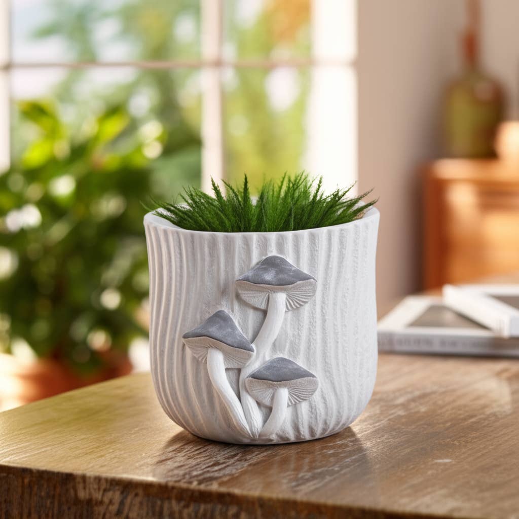 Ceramic Handcrafted Mushroom Applique Planter - Gray, 6 in.