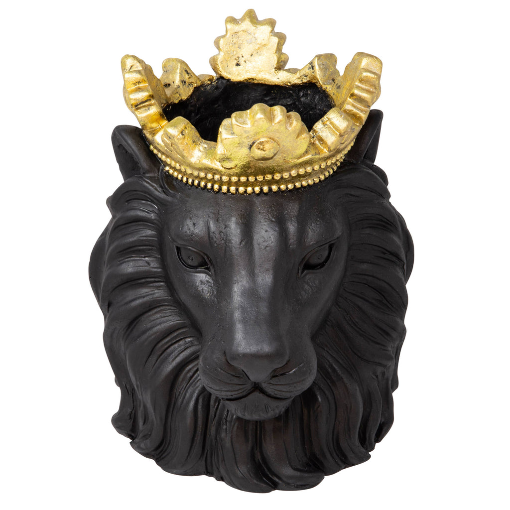 Resin Regal Lion Head Planter with Crown - Black, 9 in.