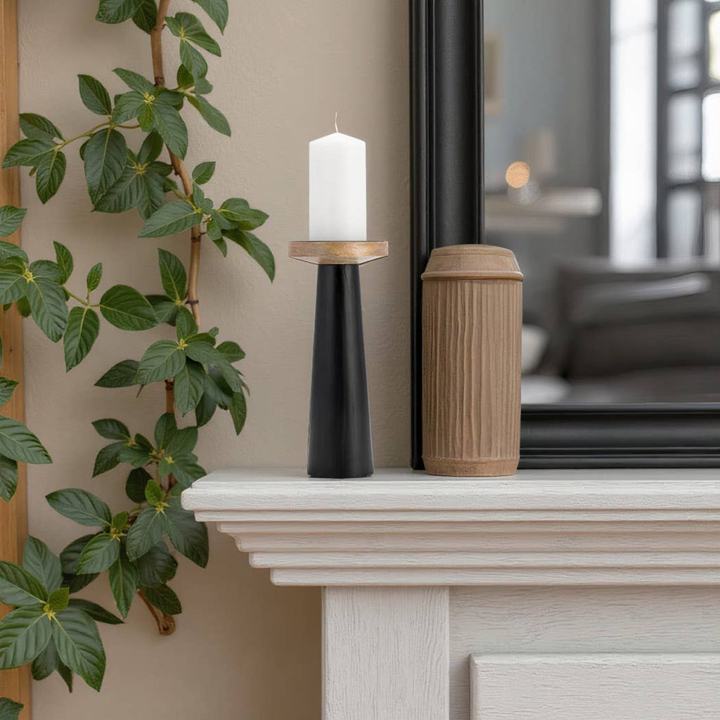 Wood Flat Pillar Candle Holder Stand - Black/Natural, 12 in.