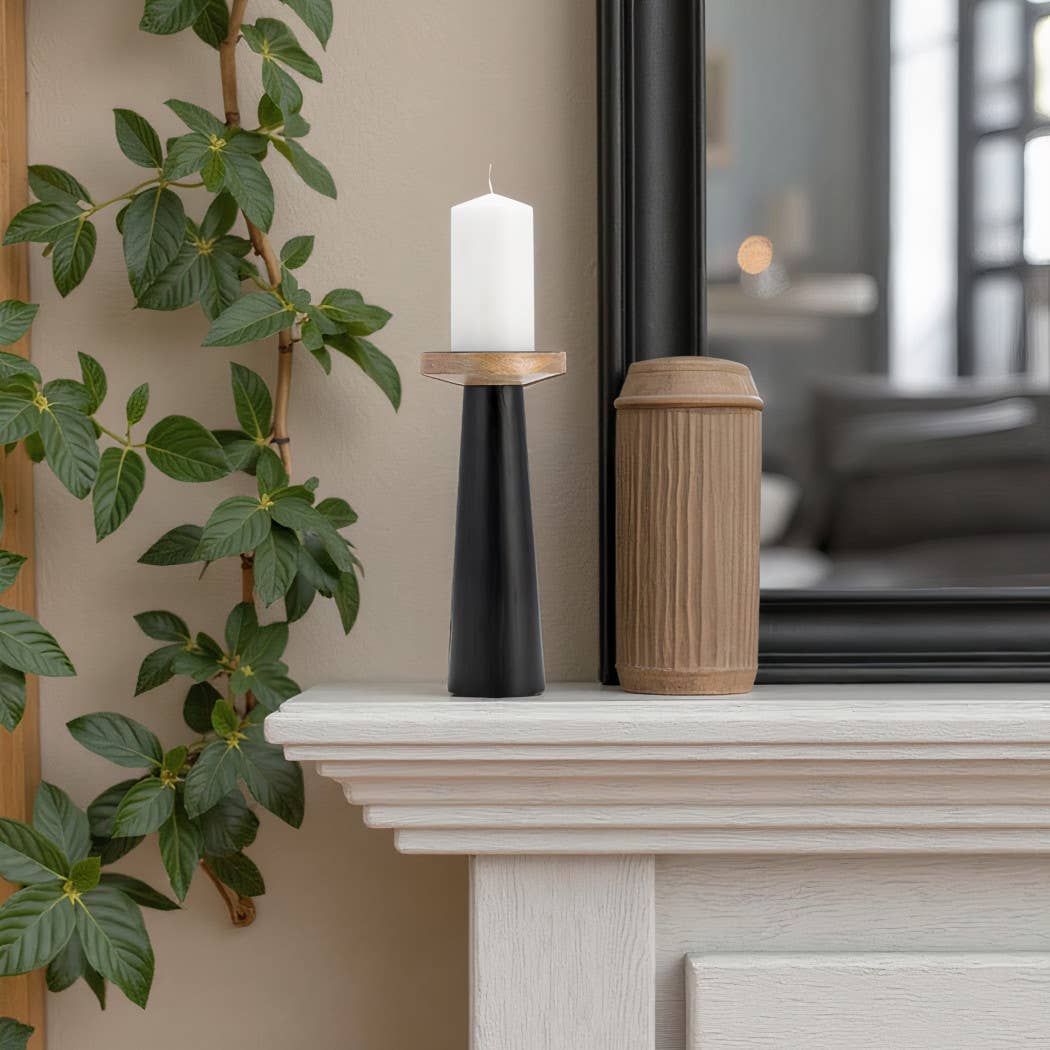Wood Flat Pillar Candle Holder Stand - Black/Natural, 12 in.